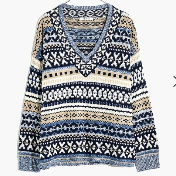 Madewell- Women’s Wool Blend Forrest Fair Isle V-Neck Sweater, Size Small - Picture 12 of 13